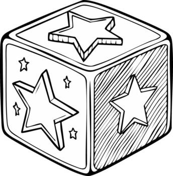 Black and white outline drawing of a cube with stars on its sides representing a toy or game element vector