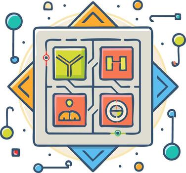 Abstract Illustration of Data Network, Information Mapping Concept, and Geometric Shapes vector