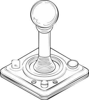 Retro arcade joystick controller with buttons, isometric view, clean line art illustration vector