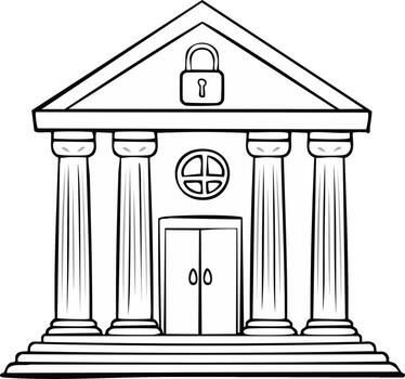 estilizado seguro banco edificio ilustración con clásico columnas y un grande candado icono vector