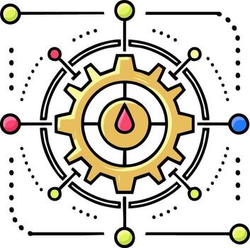 Central golden gear icon with interconnected network lines and vibrant nodes, symbolizing an essential process or integrated system vector