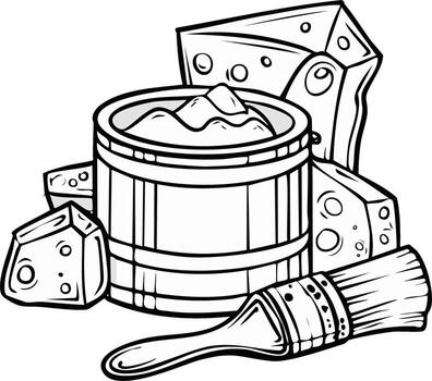 Stylized Bucket with Texture Paste and Cheese Slices in a Sketchy Black and White Line Drawing vector