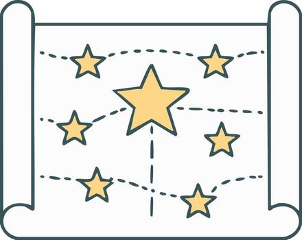 Illustration of a celestial navigation map with a constellation of connected stars on a scroll vector