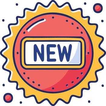 Bright new product badge with playful design and bold text announcing freshness and excitement vector
