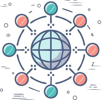 estilizado garabatear ilustración de un global red con un central globo y conectado nodos vector