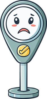 Sad cartoon parking meter or location pin character with a worried expression and checkmark vector