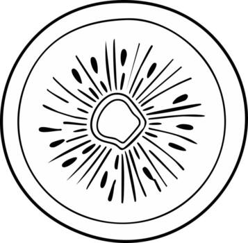 Stylized line art illustration of a sliced kiwi fruit with radiating seed pattern and circular outline vector
