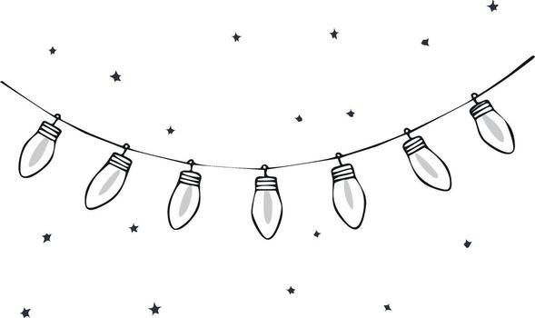 Whimsical string lights and tiny stars in a simple black and white hand drawn style vector