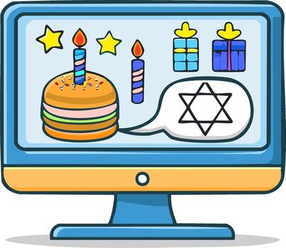 Virtual Celebration on Computer Display with Cake, Gifts, and Star of David Icon in Speech Bubble vector