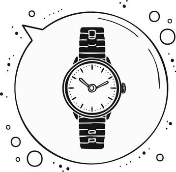 Sketch of a classic wristwatch inside a speech bubble with decorative dots and circles vector