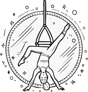 Line art of a flexible female acrobat on a trapeze within a sparkling circular frame vector