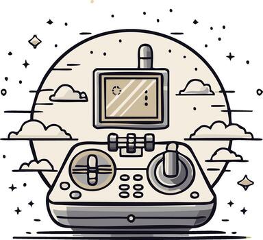 Modern drone remote control with screen and joystick under a sky with clouds and stars vector