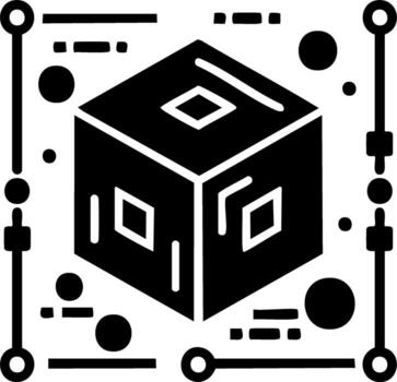 Isometric 3D cube model surrounded by abstract digital network elements for technology concepts vector