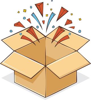 Open cardboard box with confetti exploding from inside a festive surprise gift vector