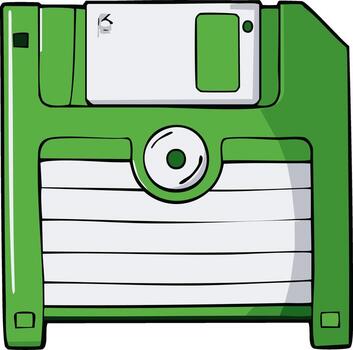 Cartoon illustration of a green and white floppy disk, a symbol of retro computing vector