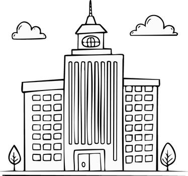 Whimsical Outline Drawing of a Tall Building with a Clock Tower and Clouds vector