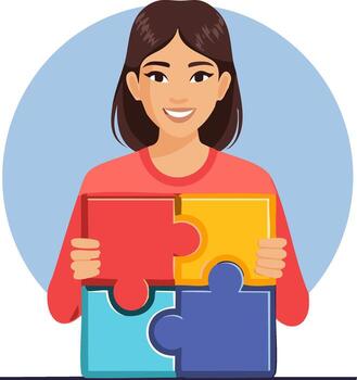 sonriente mujer montaje rompecabezas piezas, concepto de trabajo en equipo y resolución de problemas vector