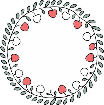 Cherry and Leaves Round Frame Hand Drawn Cartoon Circle Border with Space for Text vector
