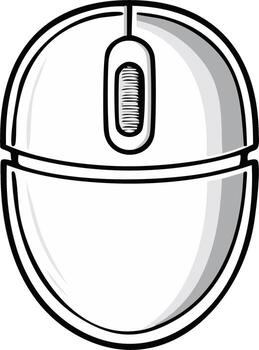 sencillo negro y blanco ilustración de un computadora ratón con Desplazarse rueda en un dibujos animados estilo vector