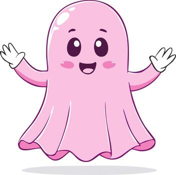 Cute smiling pink ghost waving hello with happy expression and chubby cheeks vector