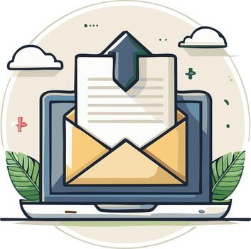 Laptop displaying open email envelope and document with an upward sending arrow vector