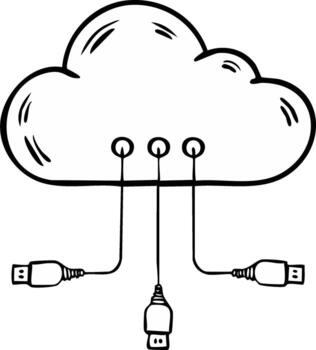 Hand drawn cloud computing concept with multiple digital data cables vector