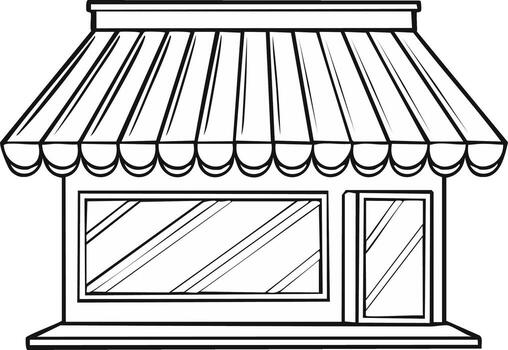 Simple black and white drawing of a storefront with a striped awning and large windows vector