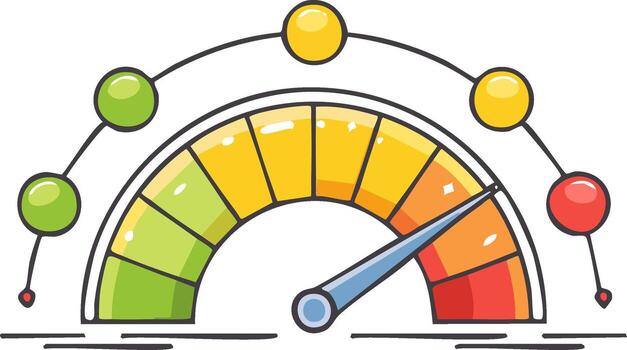 Colorful meter gauge showing a high risk or critical level. Performance indicator speedometer icon vector