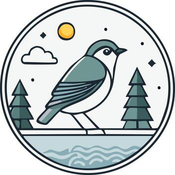 Bird on a Perch with Sun Trees and Water in a Circle Frame vector