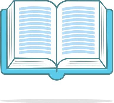 Open book with blue cover and pages filled with lines represents knowledge and learning vector