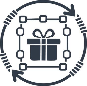 Gift customization process icon showing a present in a selection box with a circular refresh arrow vector