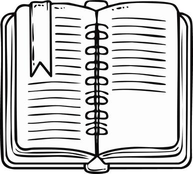Open Notebook Sketch with Bookmark, Pages Illustration, Line Art Design vector