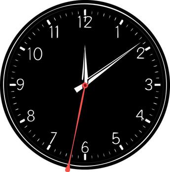 Modern minimalist round wall clock with a black dial showing the time with a bright red second hand vector