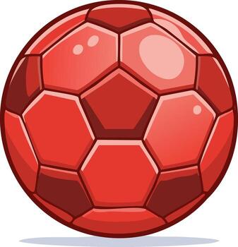 Red soccer ball cartoon illustration with shiny reflections, hexagonal pattern, rounded shape vector