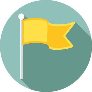 Bright yellow flag icon with a long shadow in a circular flat design, symbolizing goals, success, or important location vector