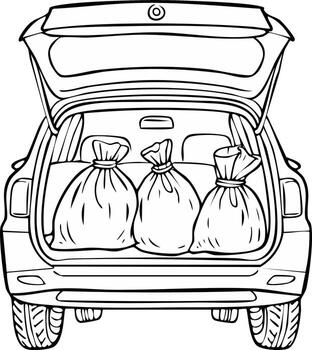 A black and white line art drawing of a car with its open trunk full of large tied sacks vector
