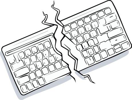 Damaged computer keyboard split apart by a jagged crack illustration vector