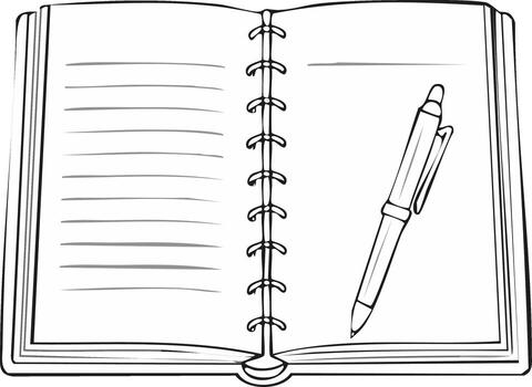 Open blank notebook with lined pages and a pen on the right side illustration vector