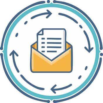 automatizado correo electrónico flujo de trabajo icono con un letra en un sobre y circular proceso flechas vector