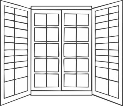 abierto ventana con persianas línea Arte diseño, ventana marco con ligero brillante a través de, interior ver con persianas vector