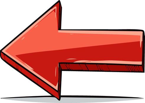 Three Dimensional Red Arrow Illustration with Bold Outlines Pointing Left Indicating Direction vector