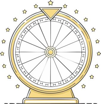 Spinning lucky game show prize wheel with pointer and sparkling star elements vector
