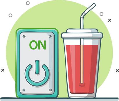 Power on refreshing beverage with a cool drink and power button illustration vector