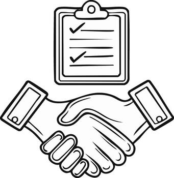 Handshake agreement with checklist on clipboard outline drawing representing business cooperation and success vector