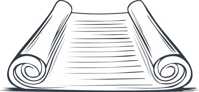 Drawn scroll with horizontal lines, open parchment unrolled with curled ends vector