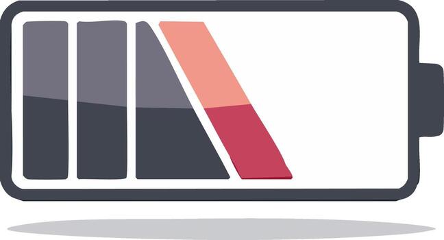Graphical battery status icon displaying high charge level and a striking red diagonal energy indicator vector
