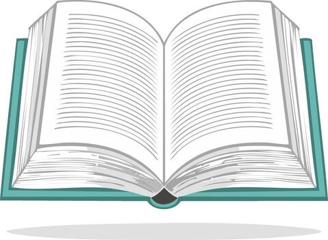 Open teal hardcover book with pages ready for text, knowledge resource, learn vector