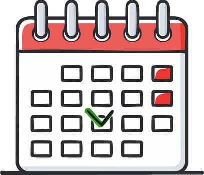 Hand-drawn calendar icon with a green checkmark for scheduling appointments and important dates vector