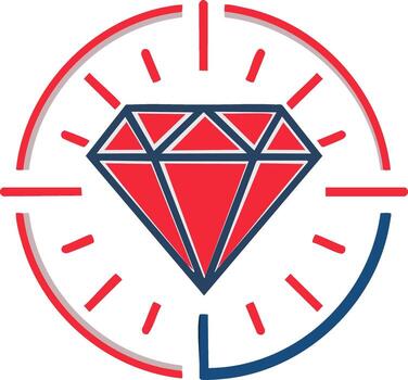 Graphic illustration of a shining red diamond symbol with blue outline and radiating focus lines within a circular frame vector