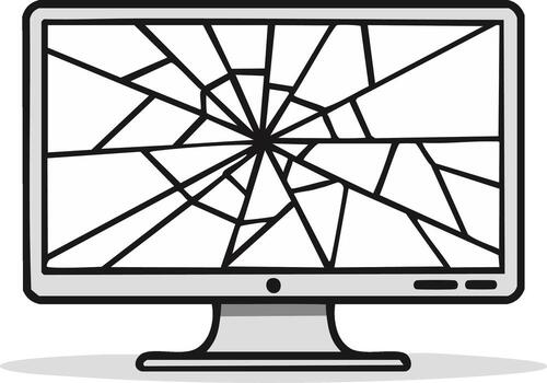Broken Computer Monitor with Smashed Screen Displaying Shattered Glass, Modern Desktop PC Hardware Failure vector